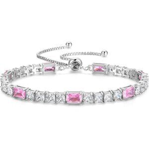 Birthstone Sterling Silver 4x6mm Gemstone Tennis Bracelet - 10-Pink Tourmaline